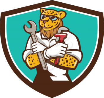 `Illustration of a leopard mechanic holding spanner and monkey wrench with arms crossed viewed from front set inside shield crest on isolated background done in cartoon style. 