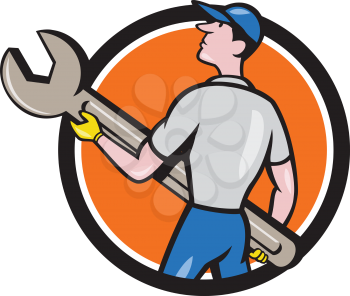 Illustration of a mechanic carrying giant spanner looking up to the side viewed from rear set inside circle on isolated background done in cartoon style. 