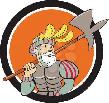 Illustration of a spanish conquistador holding ax sword lance on shoulder looking to the side viewed from front set inside circle done in cartoon style. 