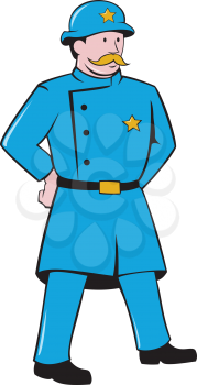 Illustration of a vintage new york policeman standing with hands at the back looking to the side viewed from front set on isolated white background done in cartoon style. 