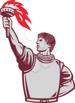 Illustration of a spanish conquistador looking to the side wearing armor with one head at the back and the other hand raising up torch set on isolated white background done in retro style. 