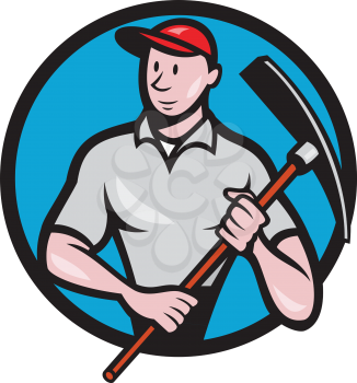 Illustration of a construction worker looking to the side holding pickaxe viewed from front set inside circle on isolated background done in cartoon style. 