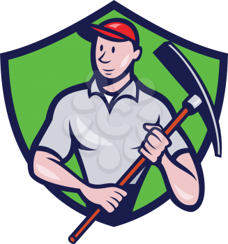 Illustration of a construction worker looking to the side holding pickaxe viewed from front set inside shield crest on isolated background done in cartoon style. 
