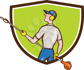 Cartoon style illustration of male gardener holding hedge trimmer looking to the side viewed from rear set inside shield crest on isolated background. 