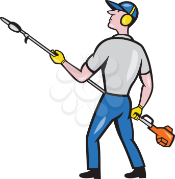Cartoon style illustration of male gardener holding hedge trimmer looking to the side viewed from rear set on isolated white background. 