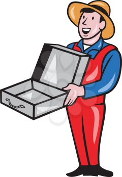 Illustration of a man wearing hat and overall standing smiling holding an empty open suitcase set inside circle on isolated backgroun done in cartoon style. 