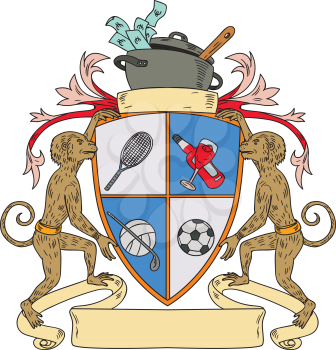 Drawing sketch style illustration of a monkey holding coat of arms with tennis racquet, wine, golf club and ball, soccer ball and cook pot on top with money and ladle set on isolated background. 
