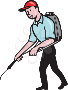 Illustration of a pest control exterminator spraying viewed from the side set on isolated white background done in cartoon style. 