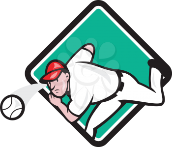 Illustration of an american baseball player pitcher outfilelder throwing ball set inside diamond shape on isolated background done in cartoon style. 