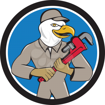Illustration of an american bald eagle plumber holding monkey wrench looking to the side set inside circle done in cartoon style. 