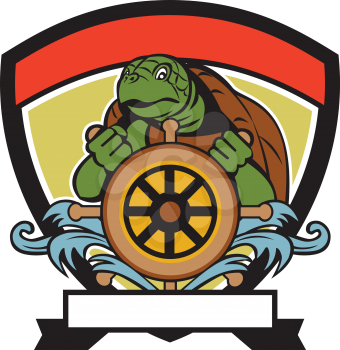 Illustration of a ridley turtle at the helm sterring wheel viewed from front set inside crest shield done in retro style. 
