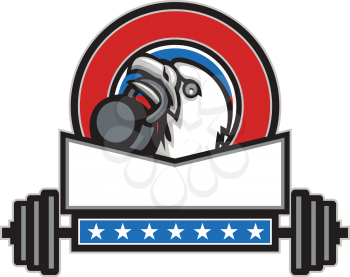 Illustration of an american bald eagle head looking up to the side lifting kettleball with beak set inside circle with barbell and stars done in retro style. 