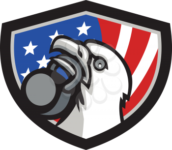 Illustration of an american bald eagle head looking up to the side lifting kettleball with beak set inside shield crest with american usa flag in the background.