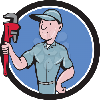 Illustration of a repairman handyman worker wearing hat carrying holding monkey wrench looking to the side viewed from front set inside circle done in cartoon style. 