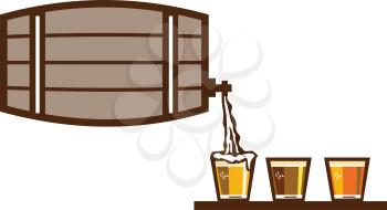 Illustration of beer keg pouring on glass of beer flight beer each holding a different beer type on isolated background done in retro style. 