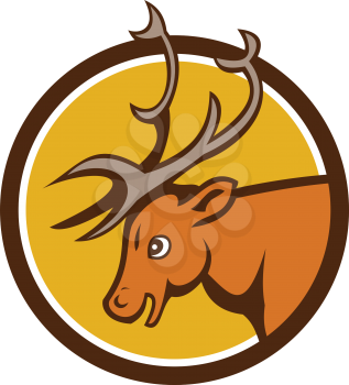 Illustration of a stag deer buck head viewed from the side set inside circle  on isolated background done in cartoon style.
