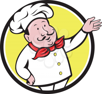 Illustration of a french chef cook baker with moustache wearing hat and bandana on neck with arm out welcoming greeting viewed from front set inside circle on isolated background done in cartoon style
