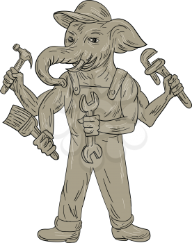 Drawing sketch style illustration of a ganesha elephant handyman holding tools viewed from front set on isolated white background. 