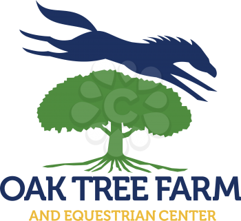 Illustration of a horse jumping over oak tree set on isolated white background with the words text Oak Tree Farm and Equestrian Center done in retro style. 