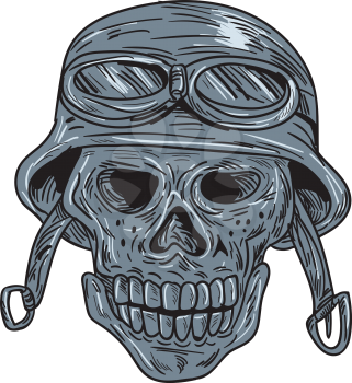 Drawing sketch style illustration of a skull biker wearing bike helmet viewed from front set on isolated white background. 