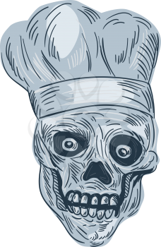 Drawing sketch style illustration of a skull chef cook wearing chef hat viewed from front set on isolated white background. 