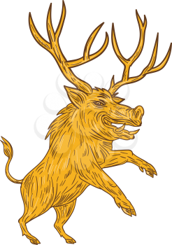 Drawing sketch style illustration of a wild pig boar razorback with antlers prancing viewed from the side set on isolated white background. 