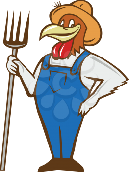 Illustration of a chicken farmer wearing overalls and hat standing holding pitchfork on one hand and the other hand on hips viewed from front set on isolated white background done in cartoon style. 