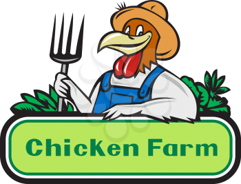 Illustration of a chicken farmer wearing overalls and hat holding pitchfork with vegetables in the background and the words text Chicken Farm viewed from front done in cartoon style. 
