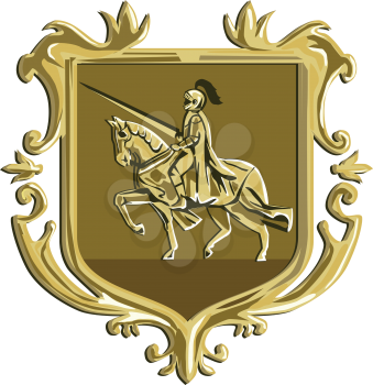 Illustration of knight in full armor with lance riding horse steed viewed from the side set inside coat of arms shield crest done in retro style. 