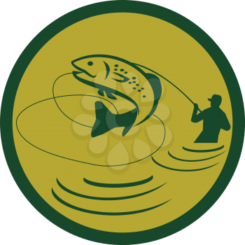 Illustration of a trout fish jumping and fly fisherman fishing viewed from the side set inside circle on isolated background done in retro style. 