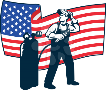 Illustration of welder worker standing with visor up looking to the side holding welding torch with tank viewed from front with usa american stars and stripes flag wavy waving in the background done i