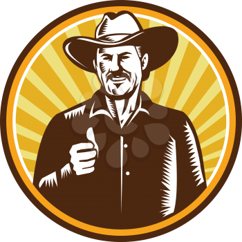 Illustration of a cowboy smiling wearing hat thumbs up facing front set inside circle with sunburst in the background done in retro woodcut style. 