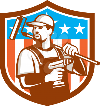 Illustration of a handyman with beard moustache facial hair holding paint roller on shoulder and cordless drill looking to the side set inside shield crest with usa flag stars and stripes in the backg