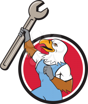 Illustration of a american bald eagle mechanic holding spanner looking to the side set inside circle on isolated background done in cartoon style. 