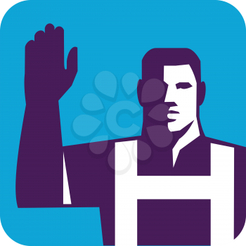 Illustration of a worker raising right arm to vote viewed from front set inside square shape done in retro style. 