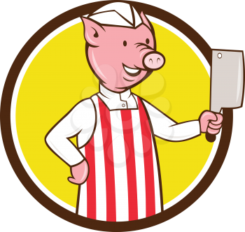 Illustration of a butcher pig holding meat cleaver viewed from front set inside circle on isolated background done in cartoon style. 