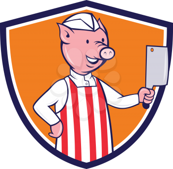 Illustration of a butcher pig holding meat cleaver viewed from front set inside shield crest on isolated background done in cartoon style. 