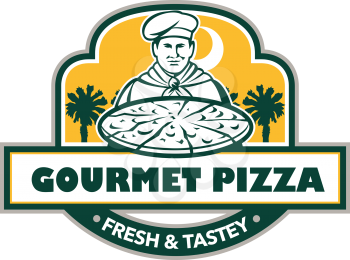 Illustration of a chef with pizza set inside shield and banner with the words text Gourmet Pizza Fresh & Tastey and palmetto trees in the background done in retro style. 