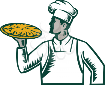 Illustration of a pizza chef baker holding pizza looking to the side set on isolated white background done in retro woodcut style. 