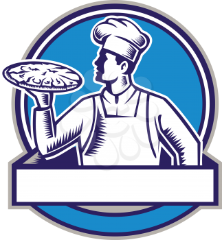 Illustration of a pizza chef baker holding serving pizza looking to the side set inside circle on isolated background done in retro woodcut style. 