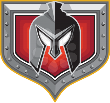 Illustration of a spartan helmet viewed from front set inside shield crest on isolated background done in retro style. 