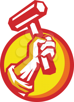 Illustration of a union worker hand holding hammer set inside circle on isolated background done in retro style. 