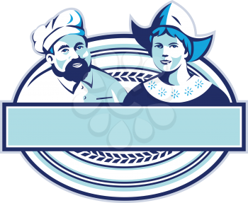 Illustration of a baker and Dutch lady wearing traditional dutch cap or dutch bonnet that resemble a nurse's hat set inside oval shape with banner done in retro style. 