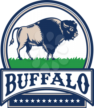 Illustration of an american bison buffalo bull viewed from the side set inside circle and the word Buffalo in a banner with stars done in retro woodcut style. 