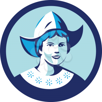 Illustration of a Dutch lady wearing traditional dutch cap or dutch bonnet that resemble a nurse's hat facing front set inside circle done in retro style. 