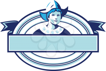 Illustration of a Dutch lady wearing traditional dutch cap or dutch bonnet that resemble a nurse's hat facing front set inside oval shape with ribbon done in retro style. 