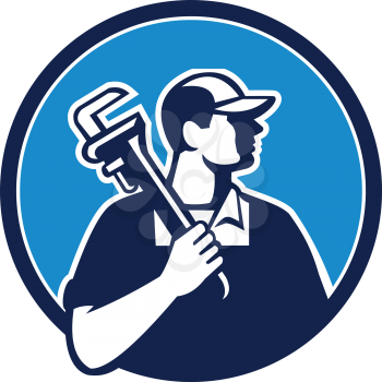 Illustration of a plumber holding pipe wrench on shoulder looking to the side viewed from front set inside circle on isolated background done in cartoon style. 