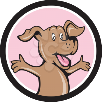 Illustration of a happy puppy smiling with arms out looking to the side set inside circle done in cartoon style. 