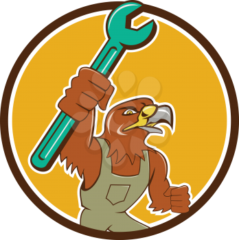Illustration of a hawk mechanic raising up pipe spanner set inside circle on isolated background done in cartoon style. 