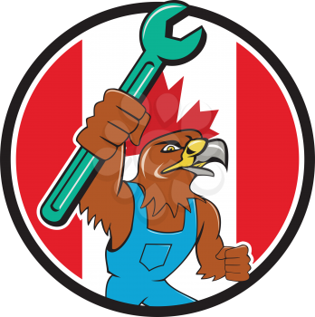 Illustration of a hawk mechanic raising up pipe spanner set inside circle with Canada flag in the background done in cartoon style. 